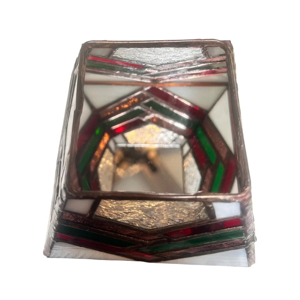Vintage Stained Glass Tea Light Candle Holder Red Green White Chevron Geometric
